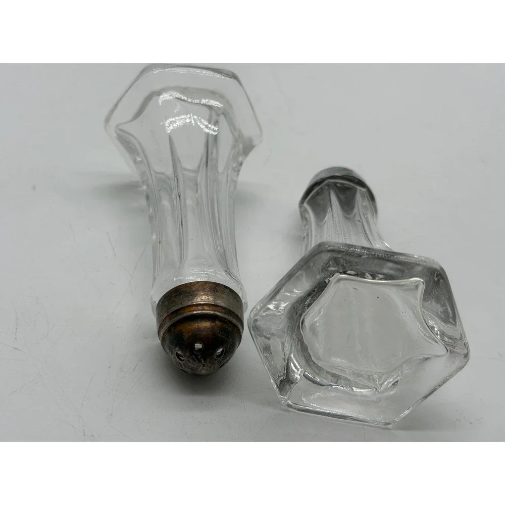 Vintage Paneled Clear Glass Salt and Pepper Shakers Hexagon Base Set of 2